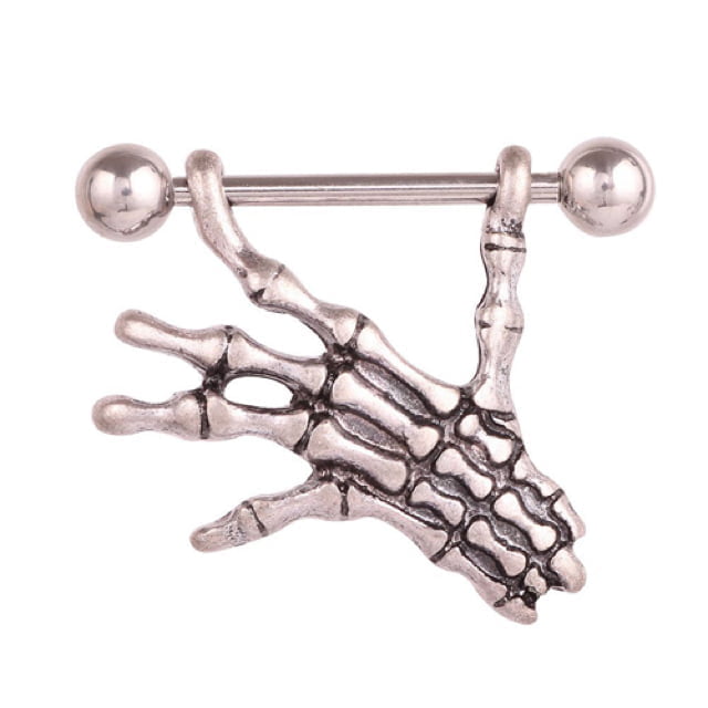 Nipple Barbell Ring with Skeleton Hand Shield