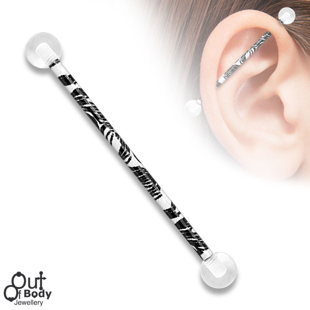 Printed Black Swirl Pattern Over 316L Steel Industrial Barbell