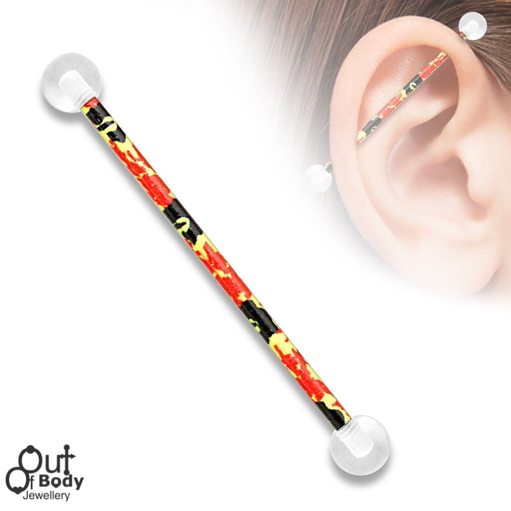 Printed Flame Patterm Over 316L Steel Industrial Barbell