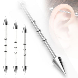 Triple Notched Industrial Barbell W/ Spikes 316L Steel Mix Size