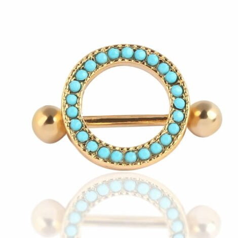 Golden Round Nipple Shield Ring W/ Turquoise Beading