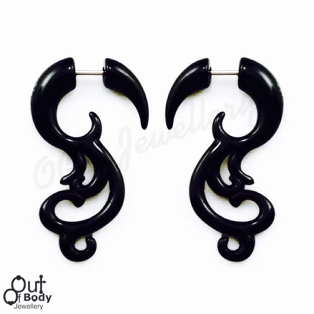 Fake Tribal Filigree Taper Pairs In Black Acrylic