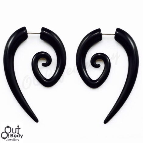 Fake Tribal Long Spiral Taper Pairs In Black Acrylic