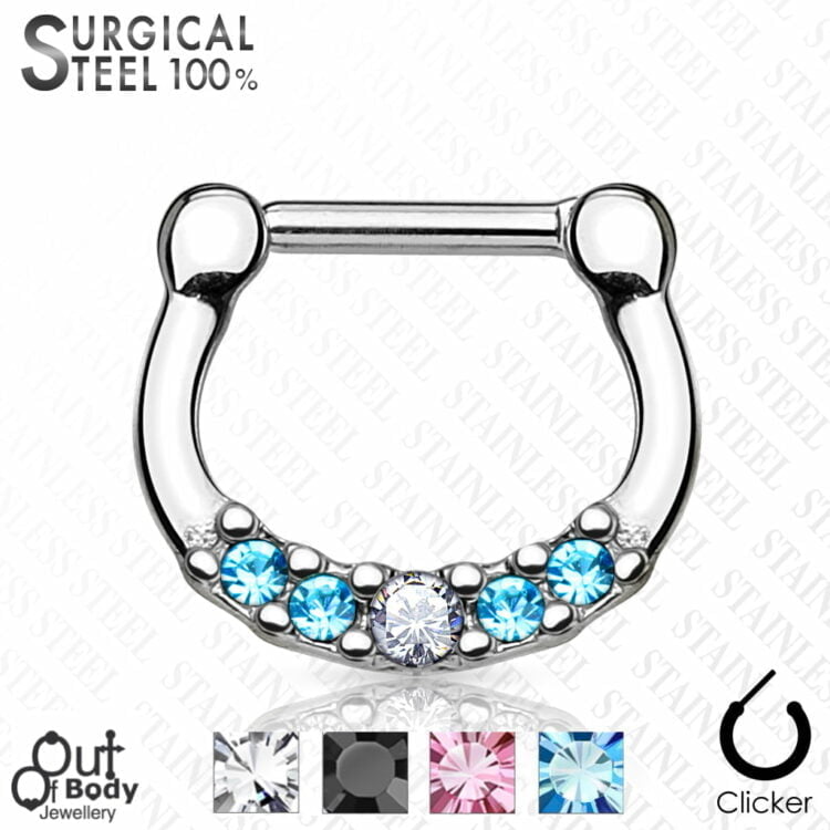 Septum Clicker All 316L Steel W/ 5 Centred Crystals Nose Ring