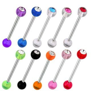 316L Steel Tongue Barbell With Gem Set Acrylic Ball
