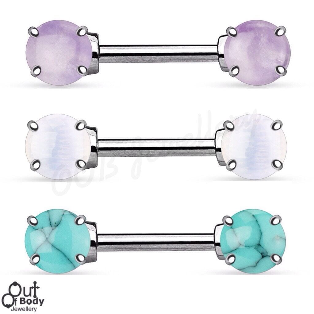 316L S. Steel Front Facing Semi Precious Stone Prong Nipple Ring