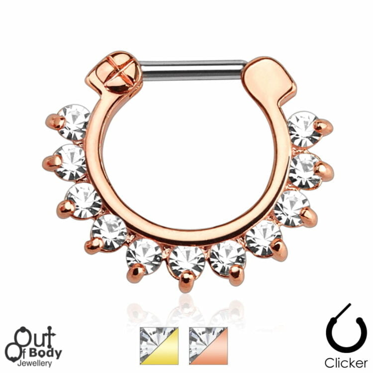 Septum Clicker Prong Set Gem Row Nose Ring In IP Gold