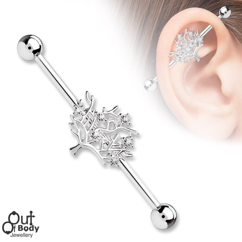 CZ Sparkle Tree Of Life Industrial Barbell In 316L Steel