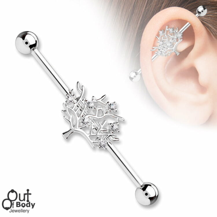CZ Sparkle Tree Of Life Industrial Barbell In 316L Steel