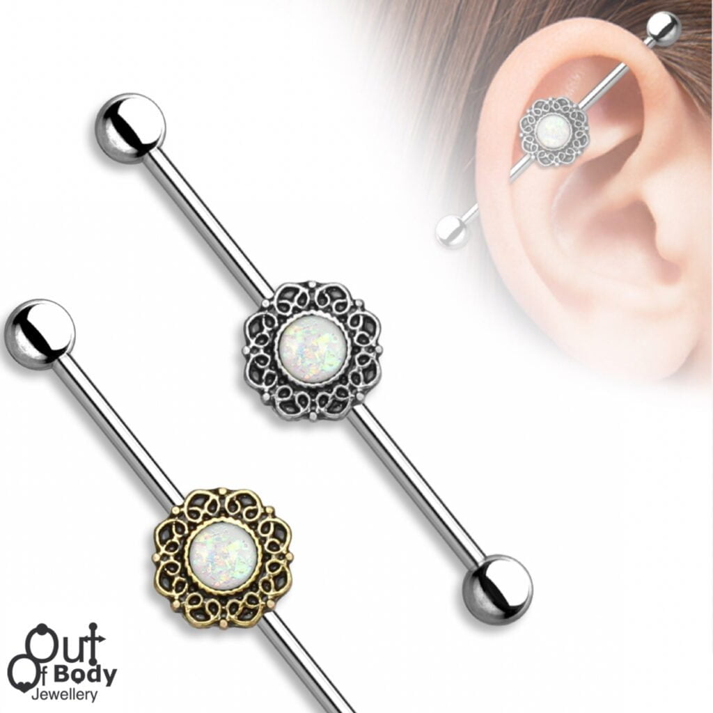 Glitter Opal W/ Antiqued Heart Filigree Industrial Barbell