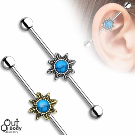 Antiqued Aztec Sun W/ Centered Turquoise Industrial Barbell
