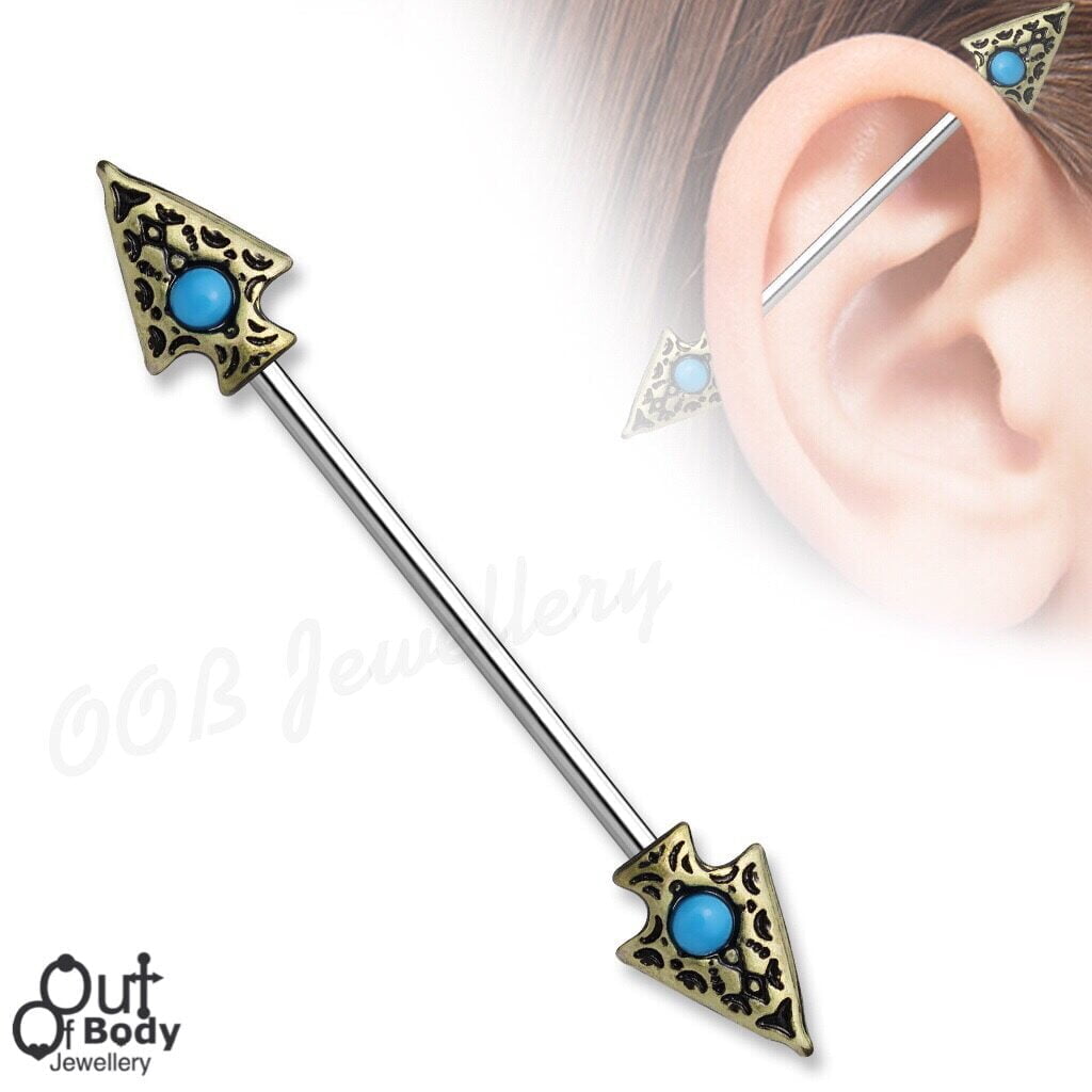 Industrial Barbell W/ Turquoise Inlay Tribal Spear Ends