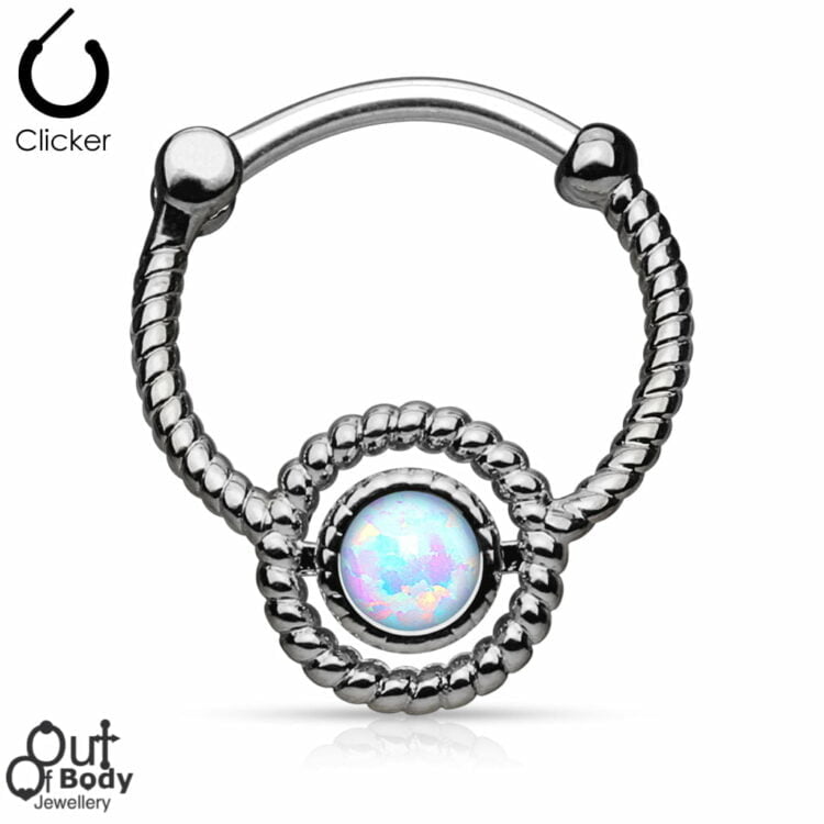 Septum Clicker Round Hinged Twisted Rope Circle W/ Opal Hematite