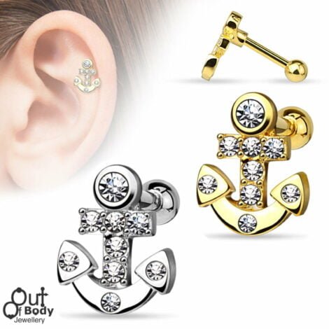 Cartilage/ Tragus CZ Paved Anchor Top Barbell W/ Gem Ball