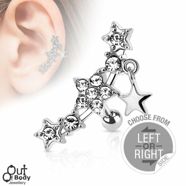 Cartilage/ Helix CZ Star Barbell W/ Star Dangle In Left/ Right