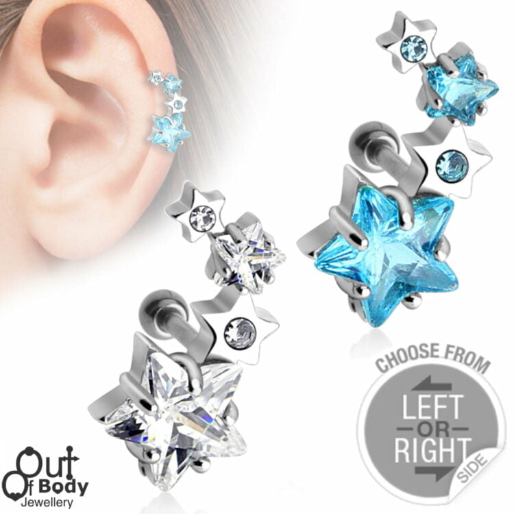 Cartilage/ Helix CZ Cluster Star Barbell In Left Or Right Side