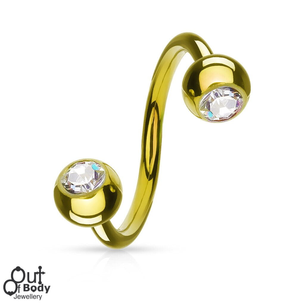 316L Surgical Steel Twist Barbell IP Gold W/ CZ Gem Ball