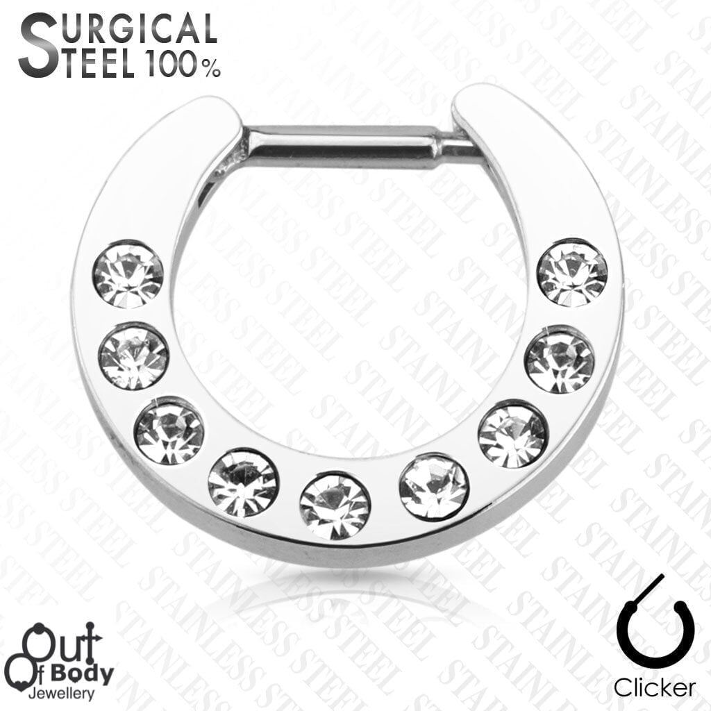 Septum Clicker All 316L Steel Paved W/ 9 Clear Gems Nose Ring
