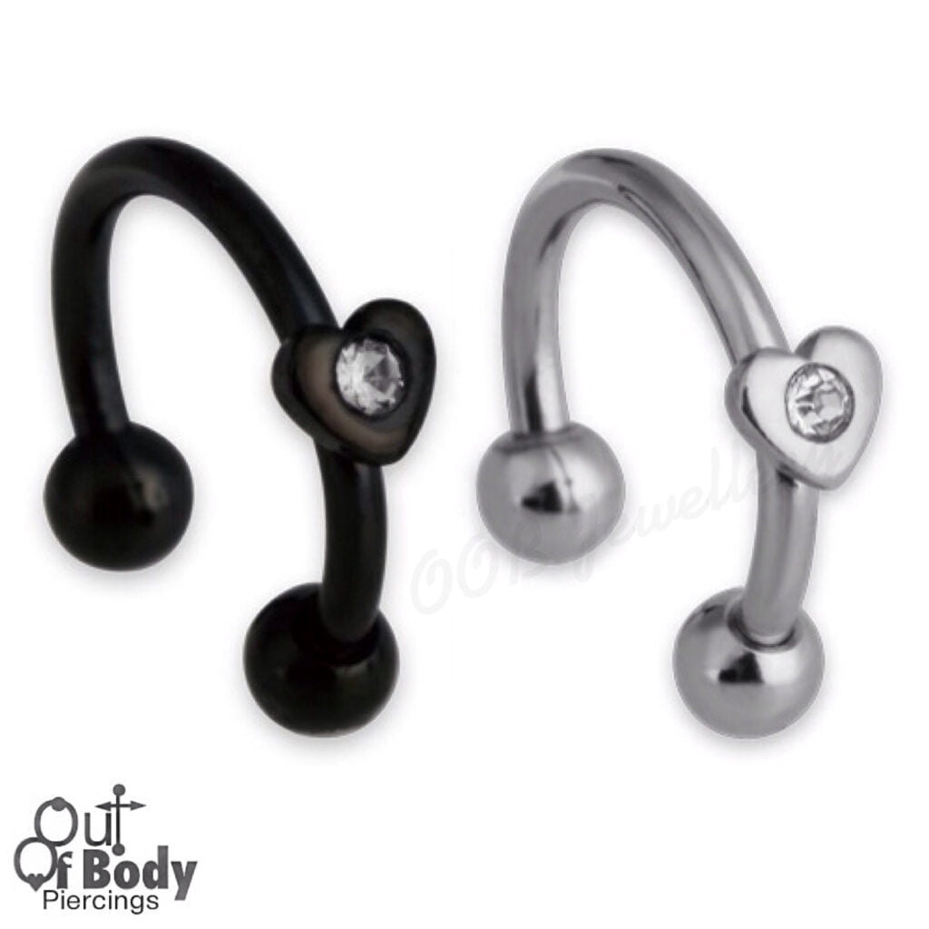 316L Steel Circular Barbell With Gemmed Black Side Heart