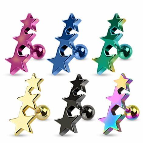 Cartilage/ Helix Barbell W/ Triple Star Top In Titanium Colours