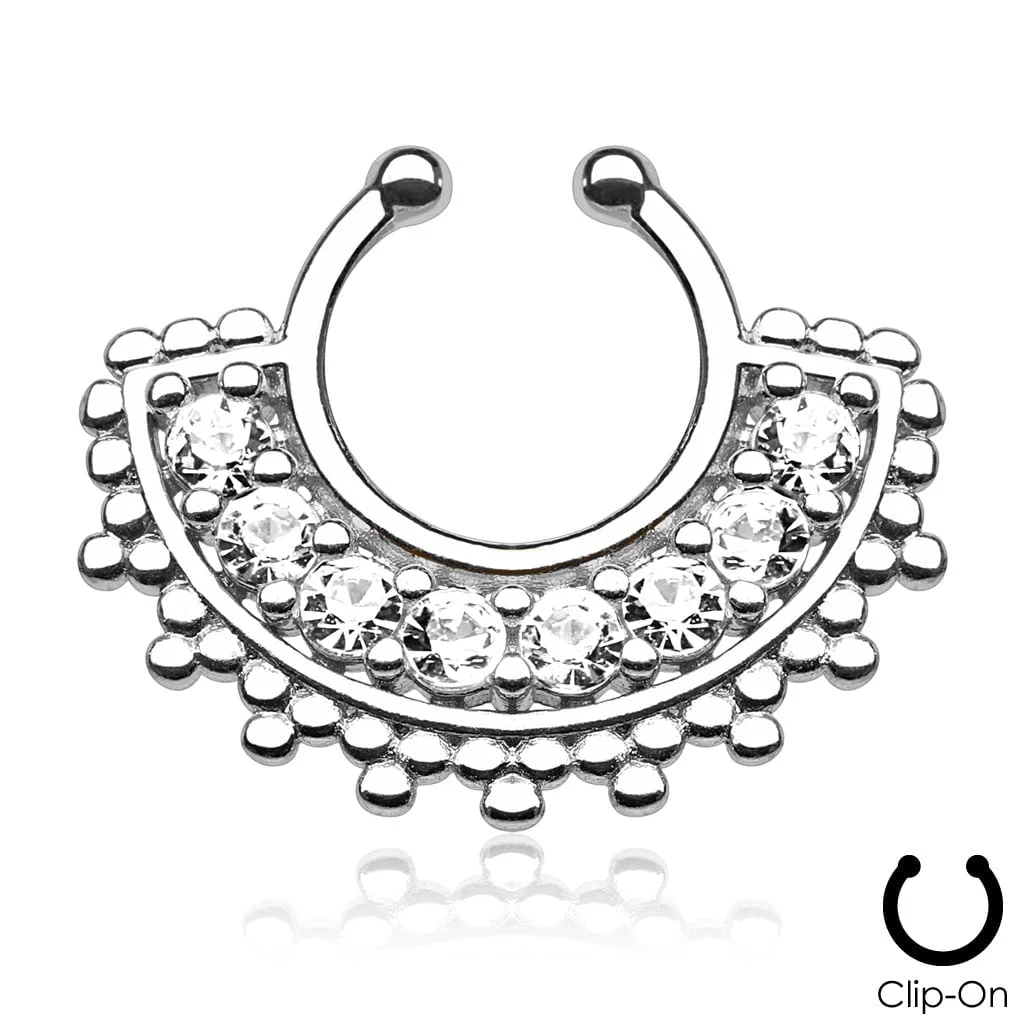 Septum Hanger Gem Paved Beaded Fan Non Piercing Ring