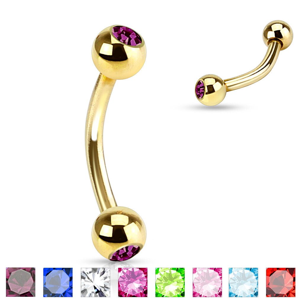 316L Steel Curved Barbell Rook Eyebrow Gold W/ 2 Gem Balls