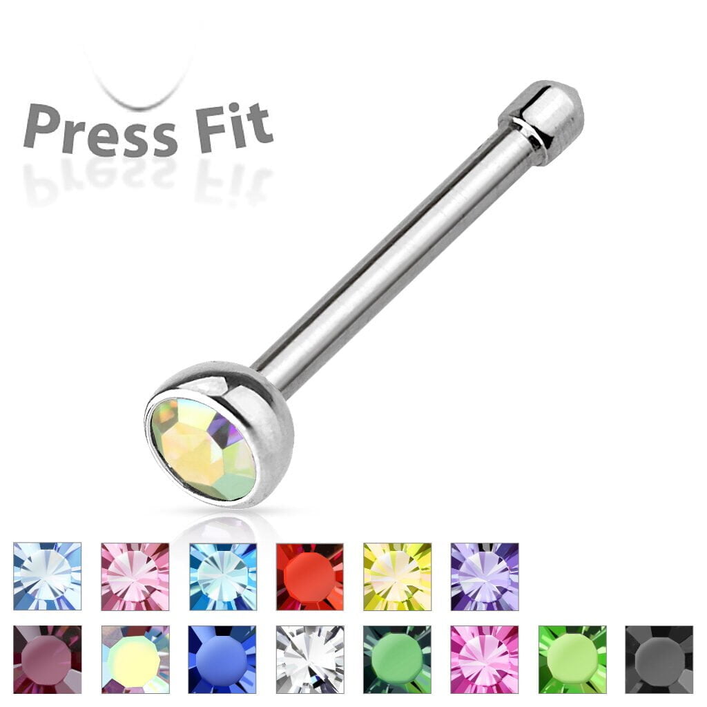 18G 20G 22G 316L Steel Nose Bone W/ Press Fit CZ Gem
