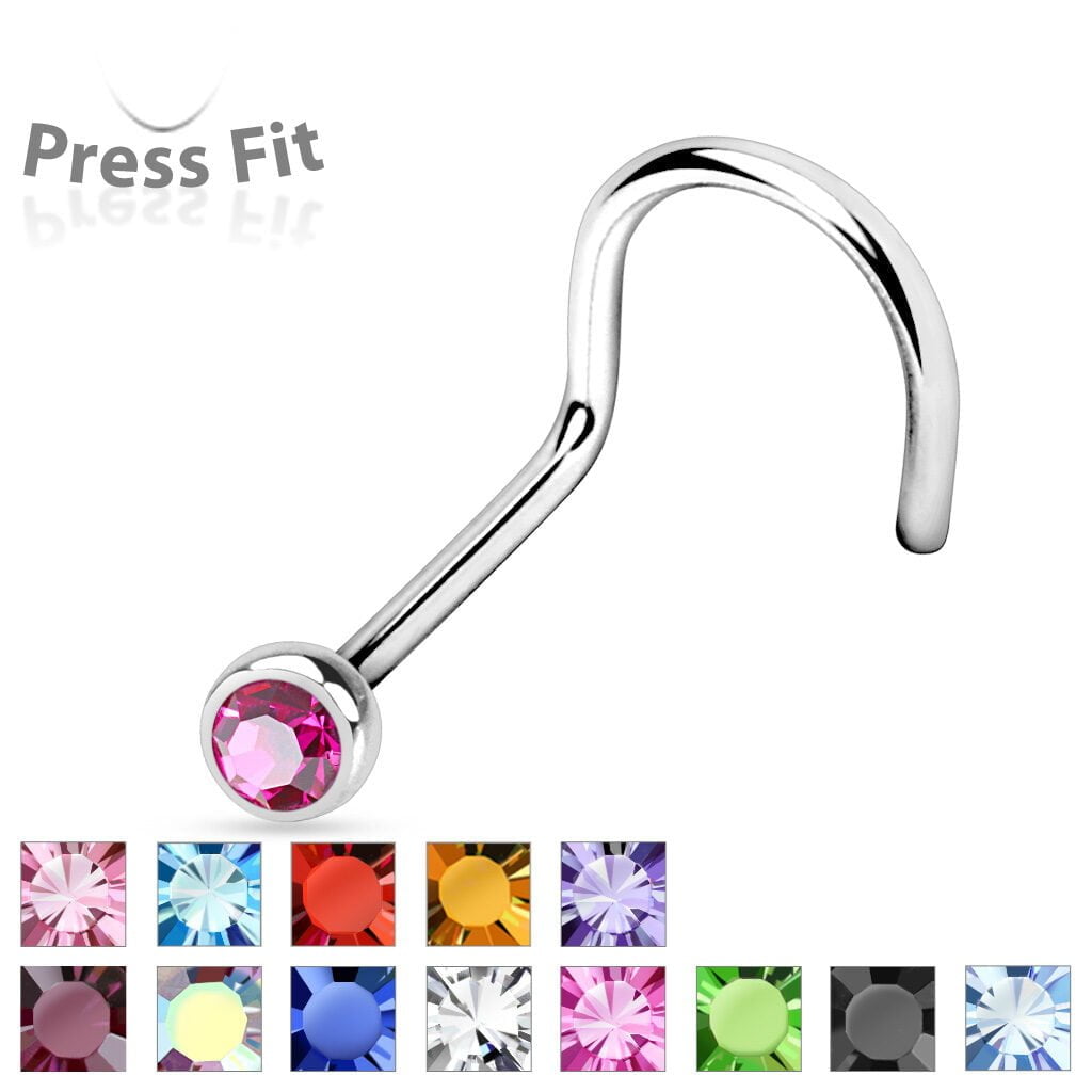 18G 20G 22G 316L Surgical Steel Nose Screw W/ Press Fit CZ Gem
