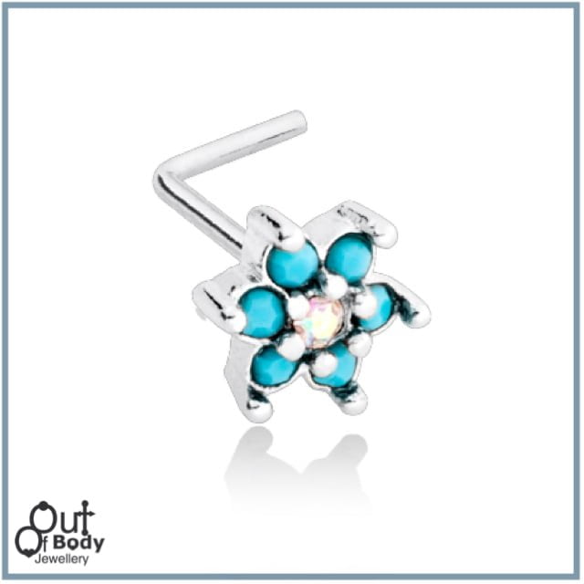 Spring Flower CZ Sparkle W/ Prong Turquoise L Bend Stud