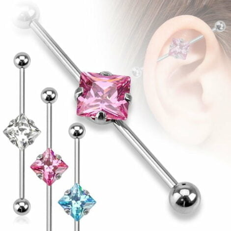 Industrial Barbell W/ Centered Square CZ In 316L Steel