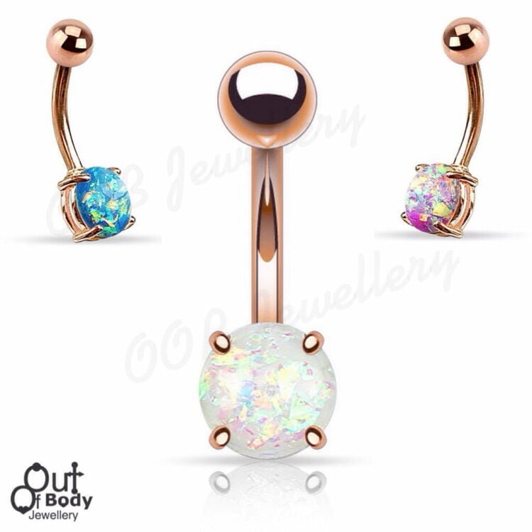 8mm Opal Glitter Prong Set Rose Gold IP 316L Steel Belly Ring