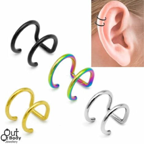 Cartilage/ Helix Ear Cuff No Pierce Double Ring Titanium Plated
