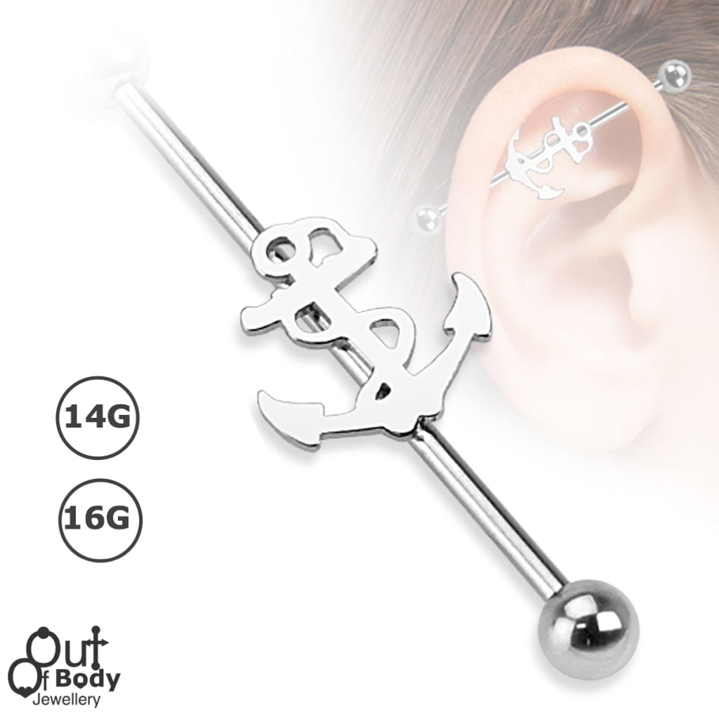 Industrial Barbell W/ Anchor 316L Steel In 14GA or 16GA Sizing