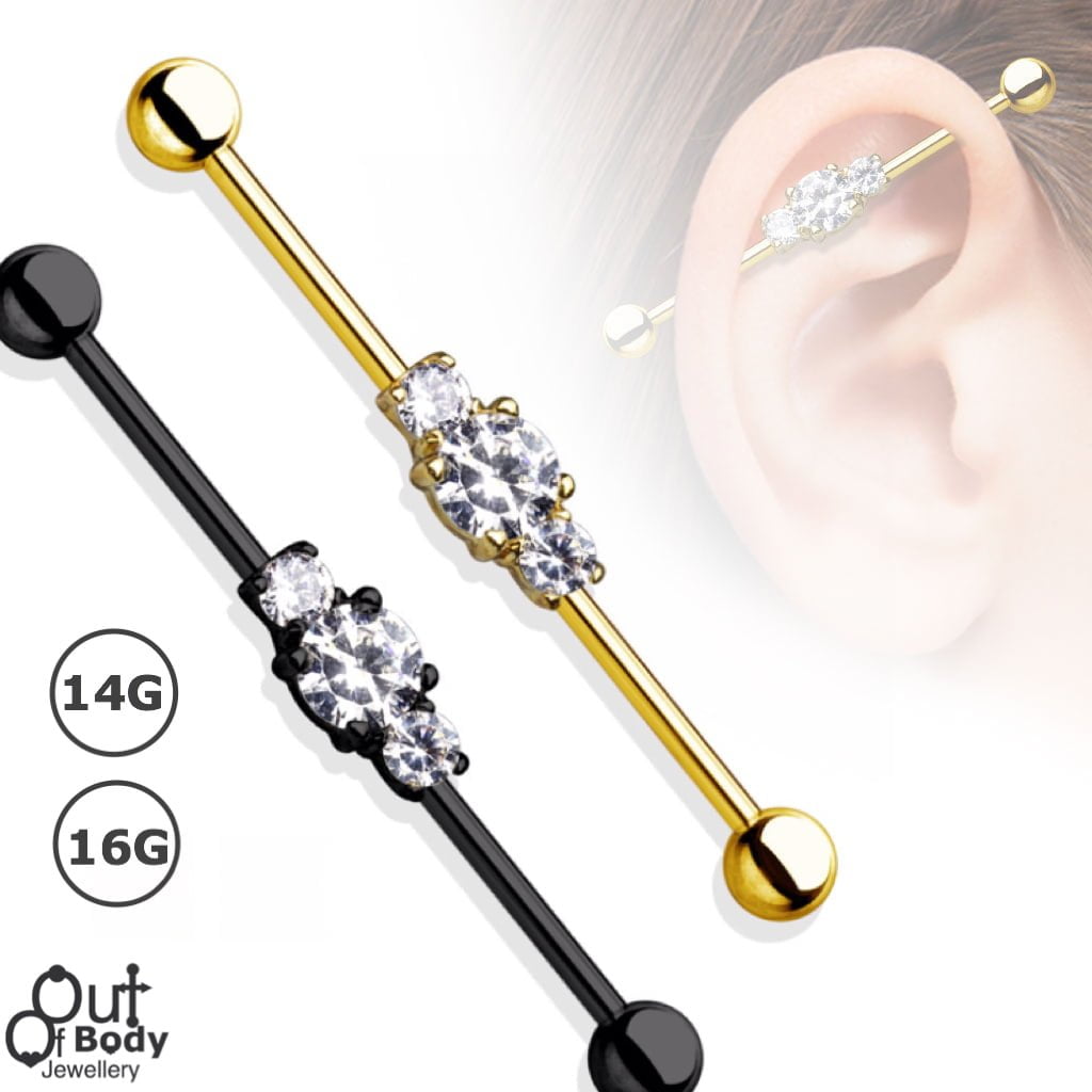 Three Clear CZ Black Or Gold IP Industrial Barbell