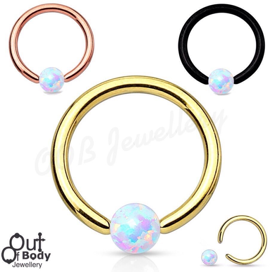 316L Steel Faux Opal Ball Captive Bead Ring W/ IP Titanium
