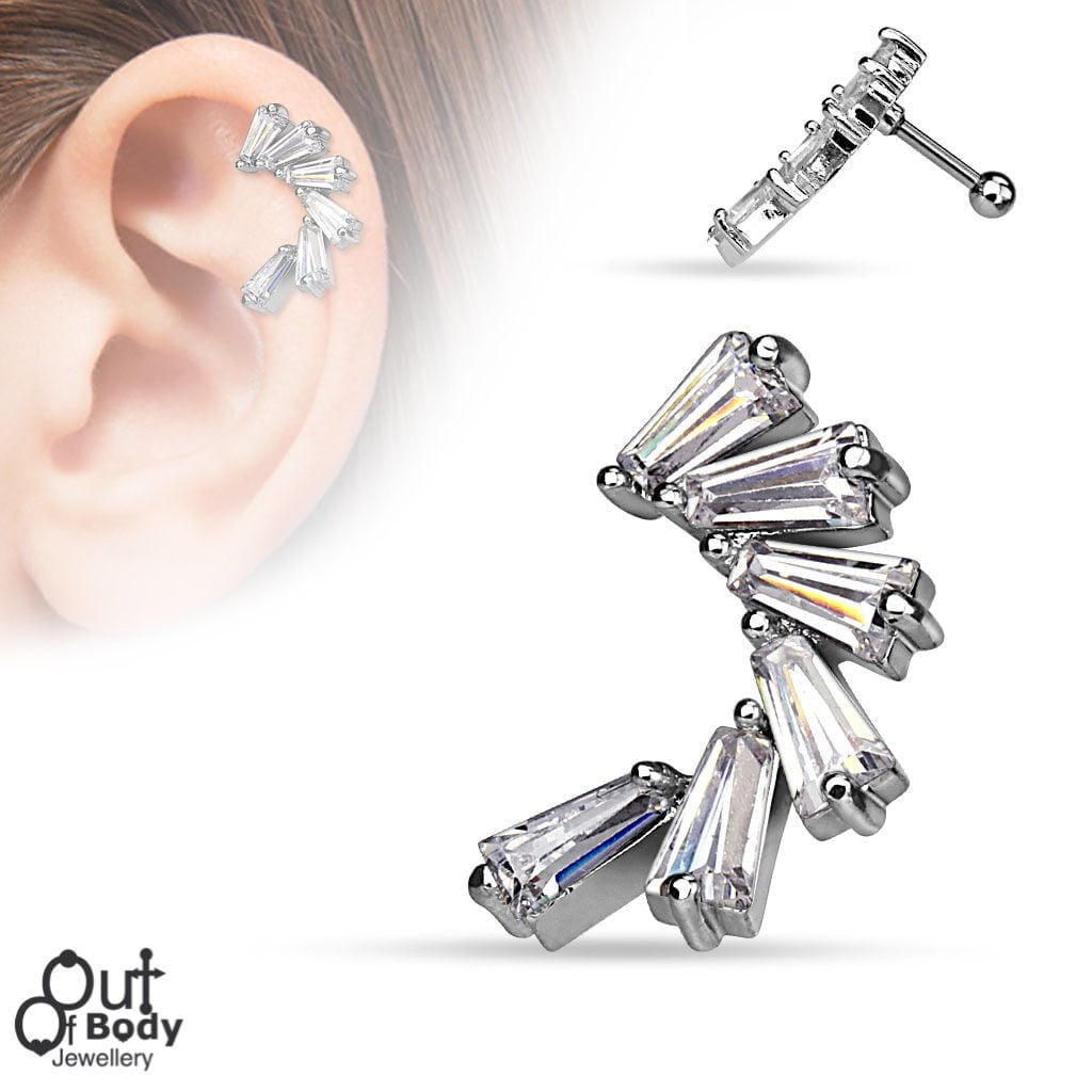 Cartilage/ Helix CZ W/ Princess Cut Crescent Shaped Top Barbell