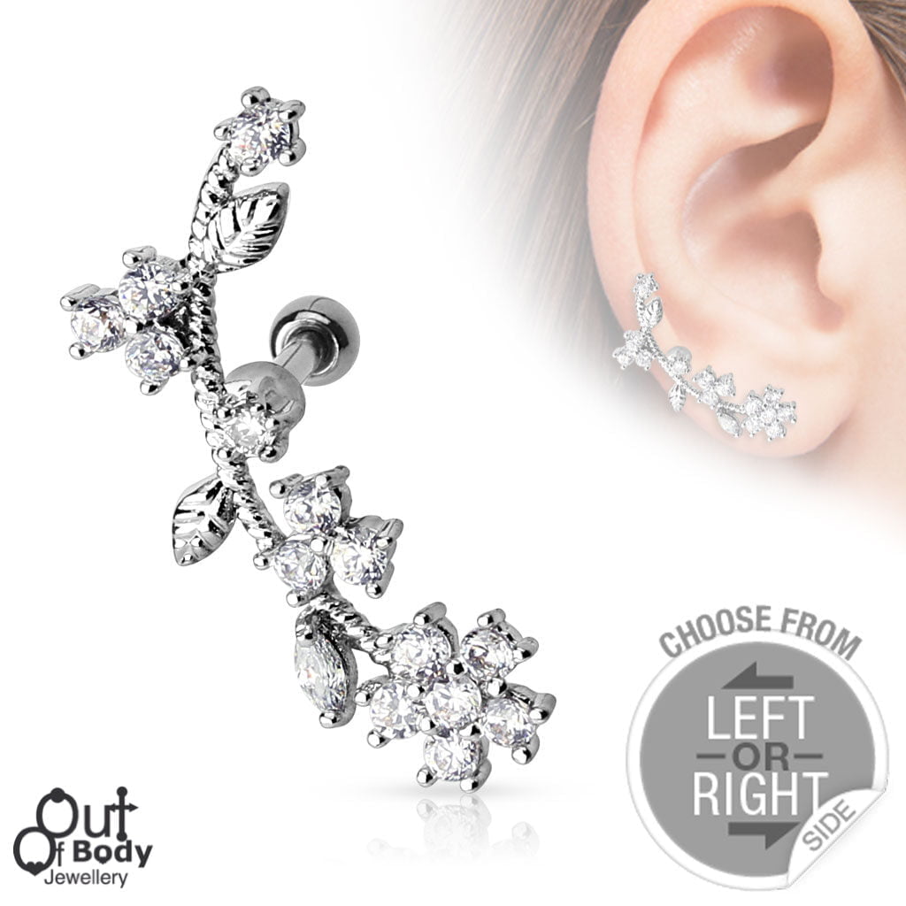 Cartilage/ Helix Lobe CZ Flower Vine Barbell Left/ Right Earring