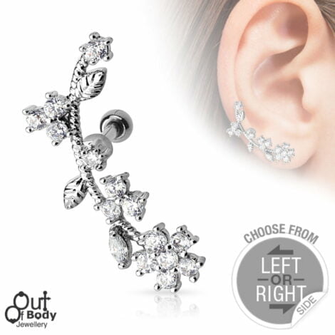 Cartilage/ Helix Lobe CZ Flower Vine Barbell Left/ Right Earring