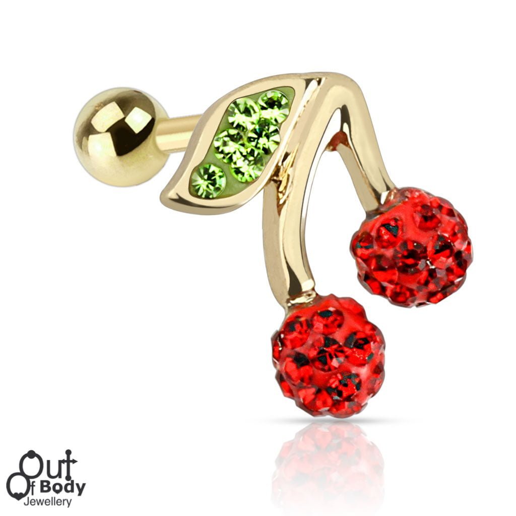 Cartilage/ Helix CZ Ferido Wild Cherry Top Barbell In Gold IP