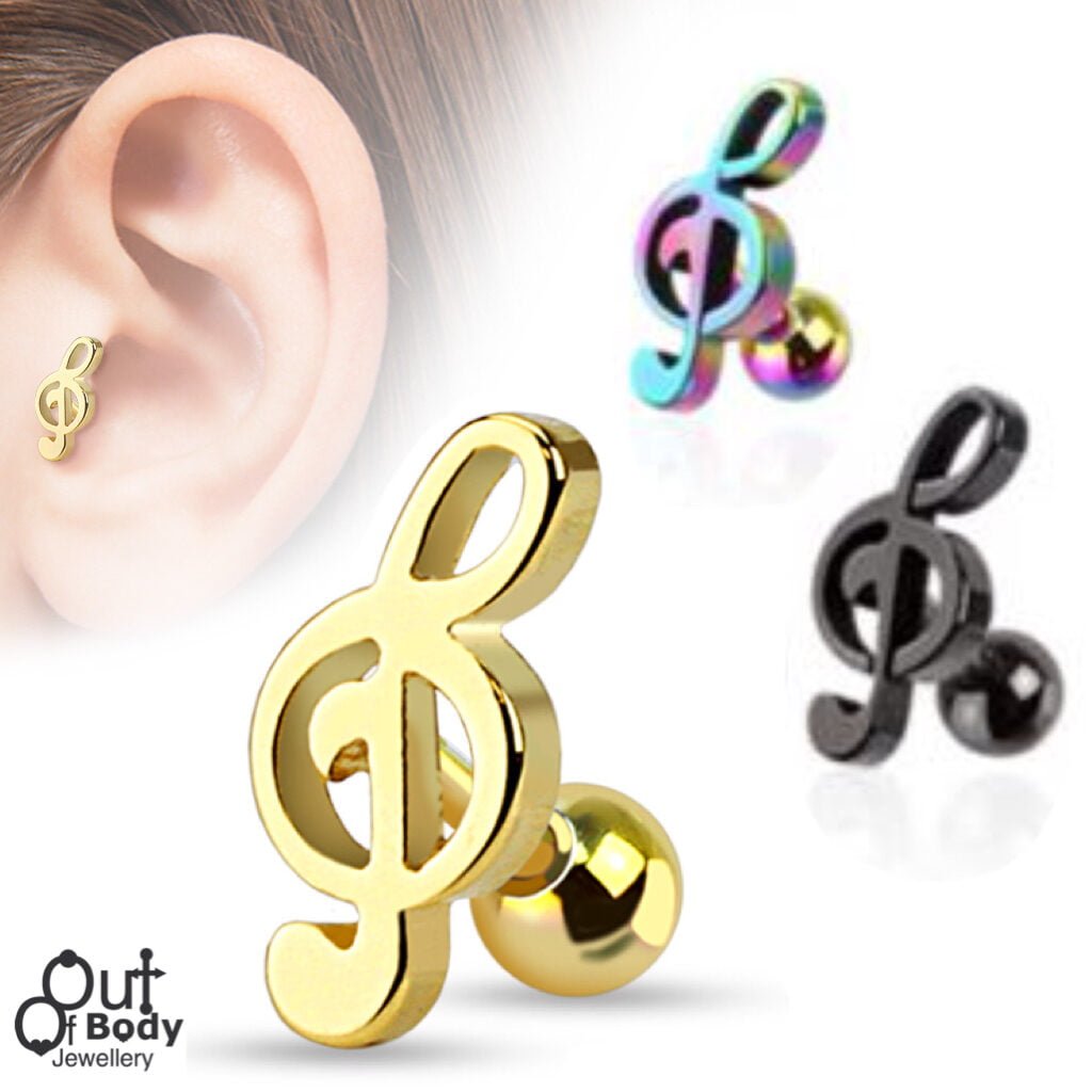 Cartilage/ Tragus Barbell W/ Music Treble Clef Top Titanium IP