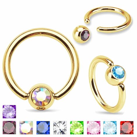 316L Steel Captive Bead Ring W/ IP Gold Press Fit Gems