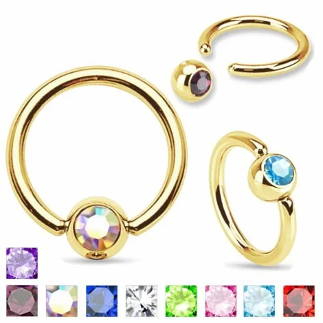 316L Steel Captive Bead Ring W/ IP Gold Press Fit Gems