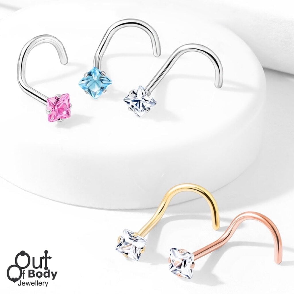 18G/ 20G Prong Set Square CZ 316L Surgical Steel Nose Screw