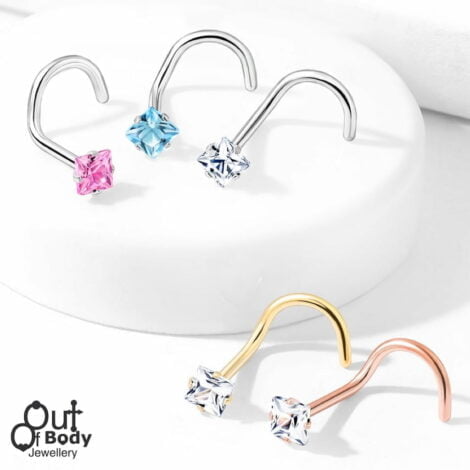 18G/ 20G Prong Set Square CZ 316L Surgical Steel Nose Screw