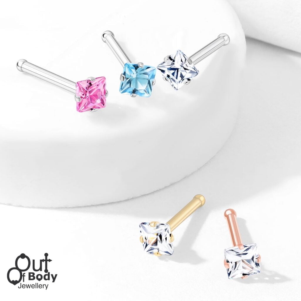 18G/ 20G Prong Set Square CZ 316L Surgical Steel Nose Stud Bone