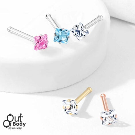 18G/ 20G Prong Set Square CZ 316L Surgical Steel Nose Stud Bone