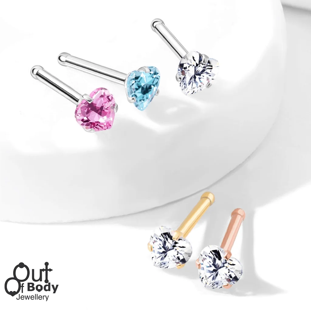 18G/ 20G Prong Set Heart CZ 316L Surgical Steel Nose Stud Bone
