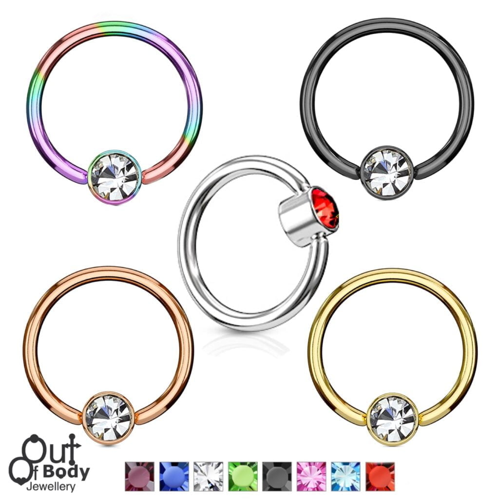 Cartilage Ear/ Septum Captive Ring Crystal Set Flat Cylinder