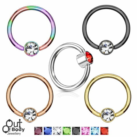 Cartilage Ear/ Septum Captive Ring Crystal Set Flat Cylinder