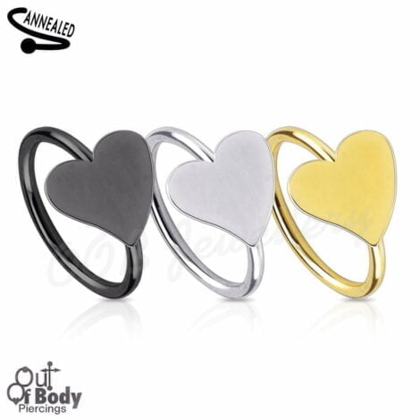 Hoop Nose Ring W/ Heart Top In IP Titanium Colours